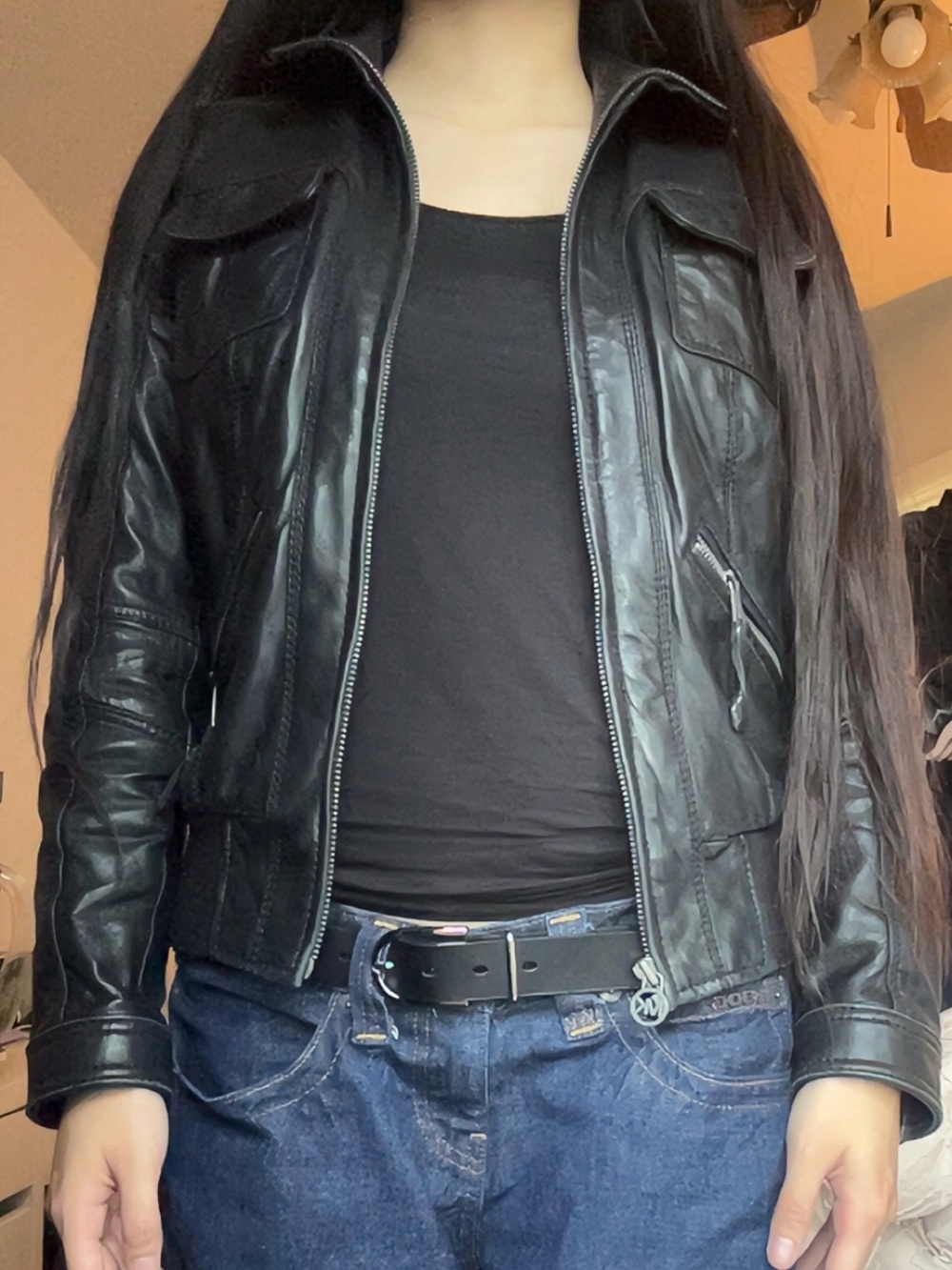 Michael Kors Fitted Genuine Leather Moto Jacket